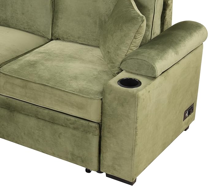 Linen L-shape Reversible Sleeper Sectional Sofa Couch with Storage Ottoman 2 in 1 Pull Out Convertible Sofa Bed with Cup Holders and USB Charging Port for Living Room Apartment Office (Green-LI)