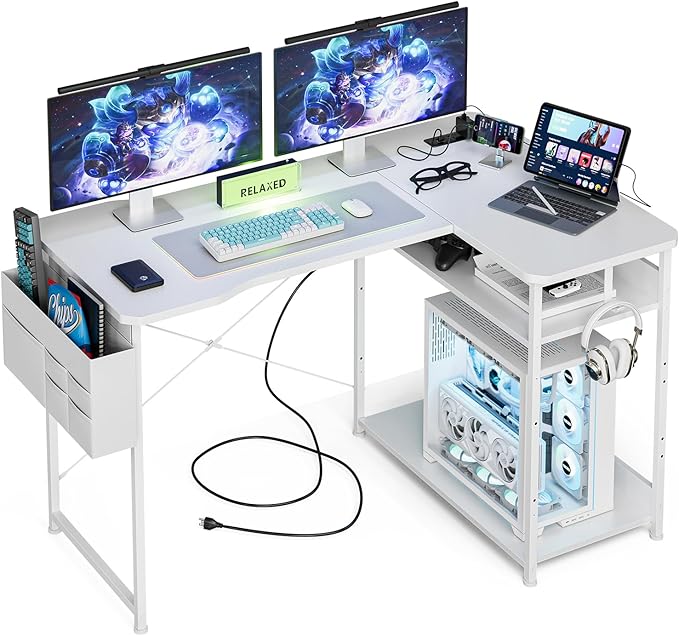 L Shaped Gaming Desk 48 Inch - Computer Corner Desk with Power Outlets Reversible Shelves &amp Storage Bag for Home Office PC Gaming Table White Carbon