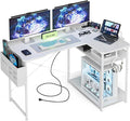 L Shaped Gaming Desk 48 Inch - Computer Corner Desk with Power Outlets Reversible Shelves &amp Storage Bag for Home Office PC Gaming Table White Carbon