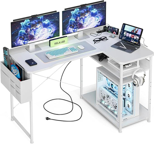 L Shaped Gaming Desk 48 Inch - Computer Corner Desk with Power Outlets Reversible Shelves &amp Storage Bag for Home Office PC Gaming Table White Carbon