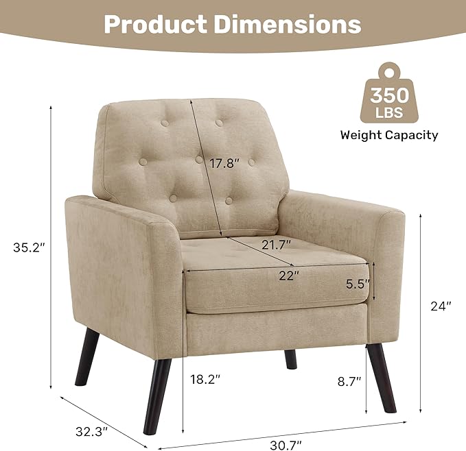 Accent Chair for Living Room Mid Century Modern Reading Chair Upholstered Armchair with Tufted Back &amp Wood Legs Single Sofa Side Chair for Bedroom Small Room Office Apartment Light Brown