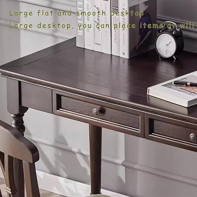 French Country Style Writing Desk35''Solid Wood Farmhouse Computer Table with DrawersSolid Wood Vanity Dressing Desk Simple Style for Home Office Study Bedroom (Walnut 47in)