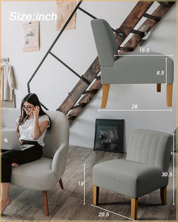 Armless Accent Chairs Set of 2 for Living Room Modern Slipper Chair Living Room Chairs with Solid Wood Legs Makeup Vanity Chair Fabric Comfy Upholstered Arm Chair Accent ChairGrey