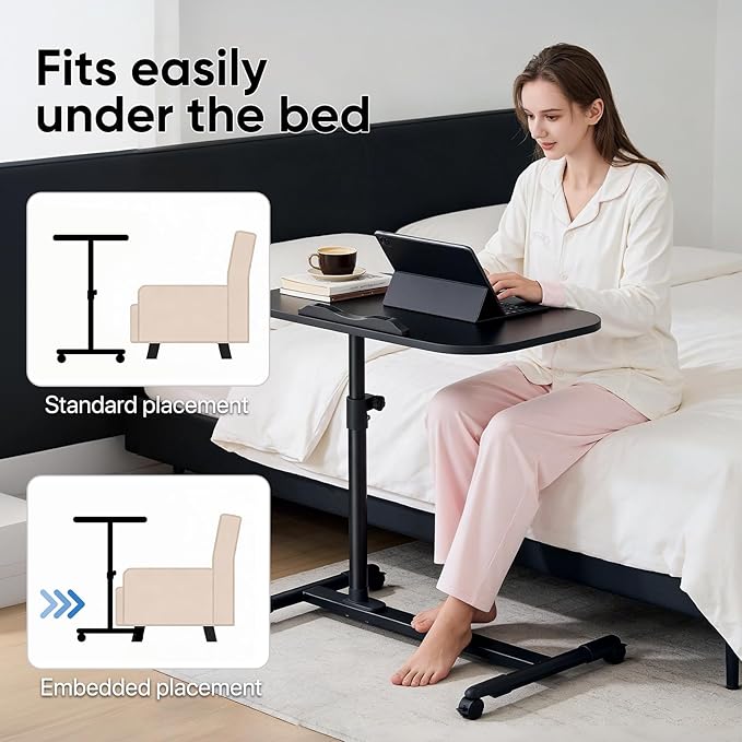 MoNiBloom Rolling Mobile Standing Desk 360° Rotatable Panel Adjustable Height 59''-89'' Portable Overbed Laptop Sofa Table Cart with Wheels for Offices Home Medical Black