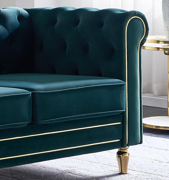 Homtique 84 Modern Green Velvet Chesterfield Sofa 3-Seater Button Tufted Rolled Arms Gold Legs