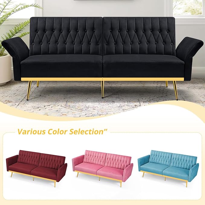 70” Velvet Futon Sofa Bed with 2 Pillows and Adjustable Armrests Convertible Sleeper Bed W/Adjustable Backrests Modern Loveseat for Living Room Bedroom Black