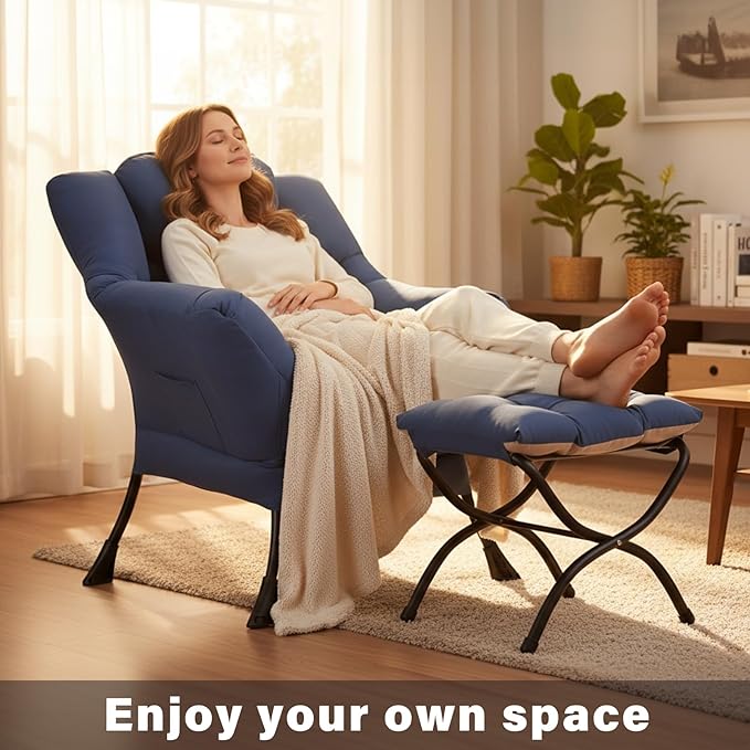 Lazy Chair and Ottoman Peach Blue Large Accent Chair with Side Pocket Modern Leisure Upholstered Sofa Reading Armchair with Footrest for Office Bedroom Living Room Dorm Rooms Balcony