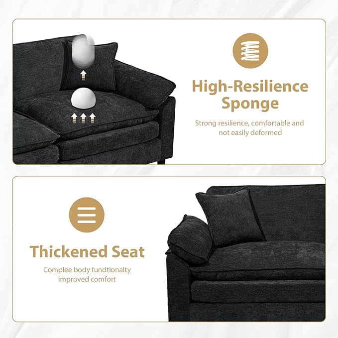 Chenille Modular Sectional Sofa 146.5'' Comfy Cloud Sofa Couch with Remove Ottoman Large L-Shaped Sofa for Living Room Extra Deep Seat Sofa with Pillows DIY Black
