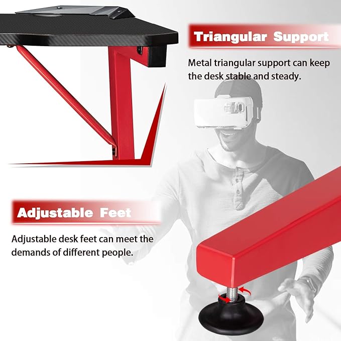 Greesum 44 Inch Z Shaped Computer Gaming Desk Home Office Table with Carbon Fiber Surface Cup Holder &amp Headphone Hook Red (GS-ZGD1RD)