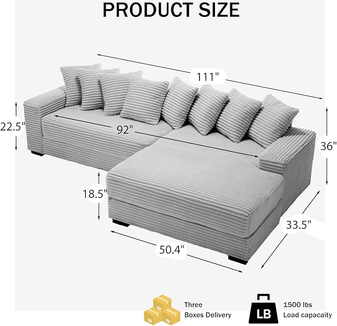 111 Inch Cloud Sectional Couches for Living Room | L-Shaped Sectional Couch with 8 Pillows | Corduroy Couch with Deep Seat | Solid Wood Frame Sofa Light Grey (Right Facing Chaise)