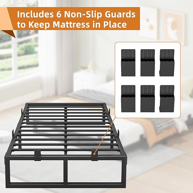 Queen Bed Frame 14 Inch Metal Platform Bed Frames with Squeak Free U-Slot Design 6 Non-Slip Guards 3500lbs Heavy Duty Steel Slat Support No Box Spring Needed Under Bed Storage Black