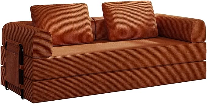 Convertible Sleeper Sofa Bed 3-Seat Corduroy Futon Couch with Cylindrical Pillow Foldable Mattress for Living Room &amp Bedroom 79 Inch Multi-Functional Sofa (Orange)