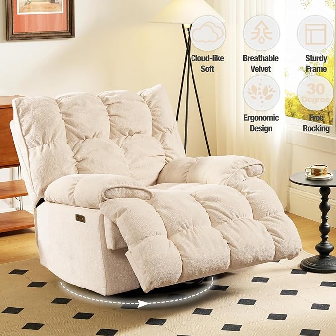 SITJOY Oversized Power Swivel Rocker Recliner Chair Overstuffed Extra Wide Rocking Chair for Big and Tall Glider Recliner Nursery Chair USB Charging Soft Breathable Fabric in Beige Power