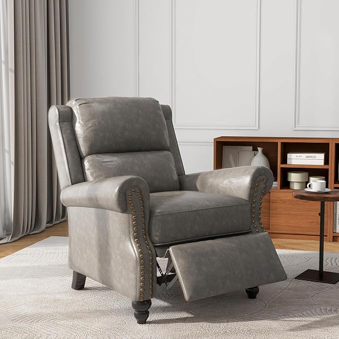 UIXE PU Leather Pushback Recliner Chairs Set of 2 Overstuffed Armchair Push Back Accent Chair for Living Room Rivet Trim Club Chair Home Theater Single Sofa Bedroom Side Reading Seat - Gray