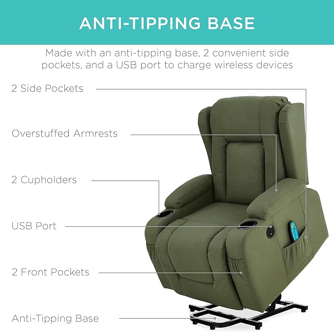 Best Choice Products PU Leather Electric Power Lift Chair Recliner Massage Chair Adjustable Furniture for Back Legs w/ 3 Positions USB Port Heat Cupholders Easy-to-Reach Side Button - Olive