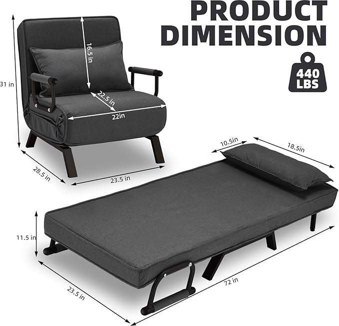 Folding Sofa Bed Sleeper Chair3-in-1 Single Convertible Sofa with Adjustable BackrestLazy Bed Leisure Recliner with PillowTri-fold Upholstered Armchair (Dark Gray Large)
