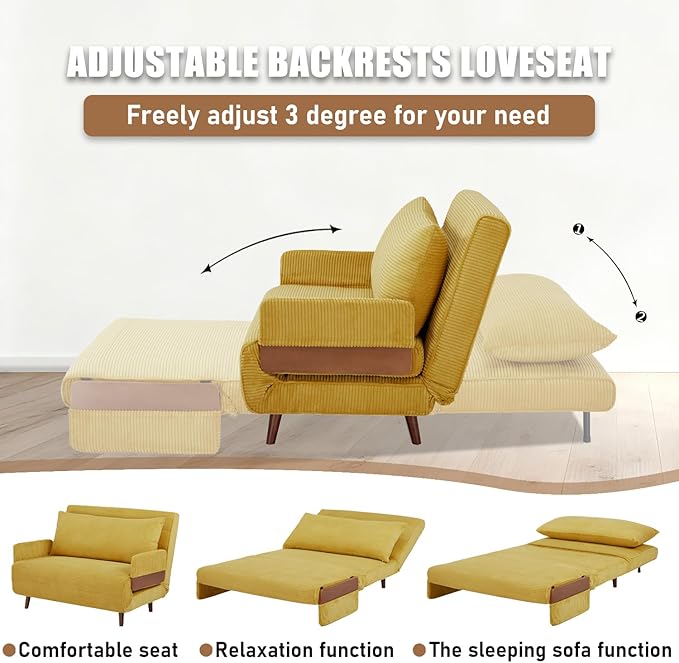 3 in 1 Sleeper Chair Bed Foldable Convertible Chair with Armrest Thickened Cushion and Sponge Corduroy Fabric Adjustable Backrest Upholstered Accent Sofa for Apartment/Bedroom/Office - Yellow