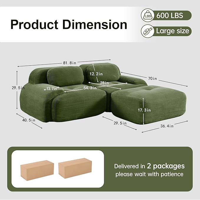 81.8 L-Shaped Cloud Couch Modular Sectional Sofa - Boneless Deep Seat 2-Seater with Movable Ottoman No Assembly Corduroy Upholstery Couches for Living Room (Green)
