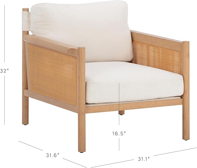 Nathan James Hemming Upholstered Armchair Solid Wood Accent Chair with Boucle Upholstery and Faux Rattan Arm Inlay Cream/Raw Oak Set of 2