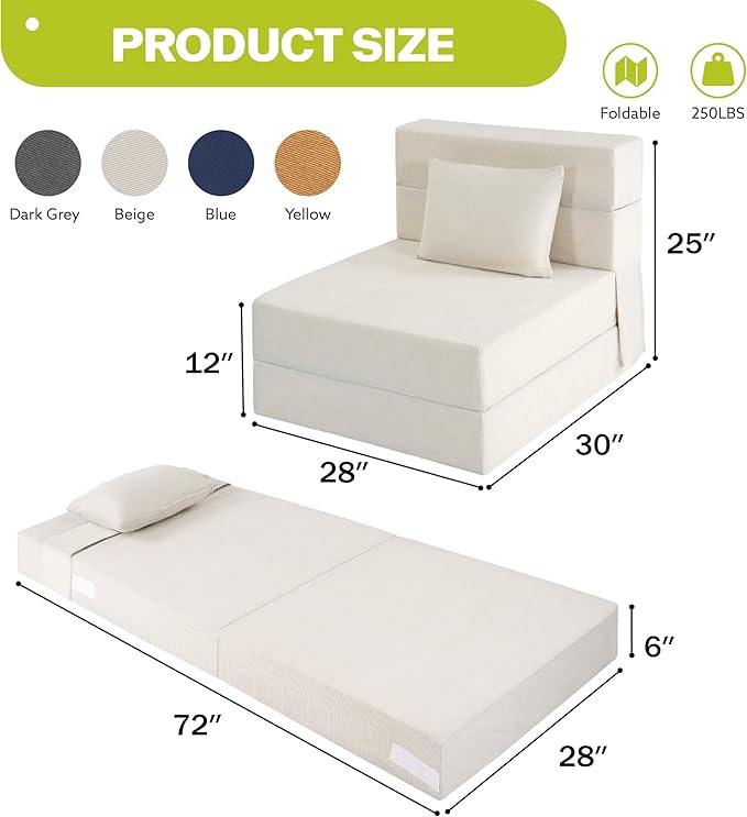 Folding Sofa Bed 4 in 1 Convertible Fold Out Single Chair Bed with Pillow Memory Foam Futon Chair Foldable Futon Couch Foldable Sofa Mattress for Living Room Bedroom Guest Room Beige