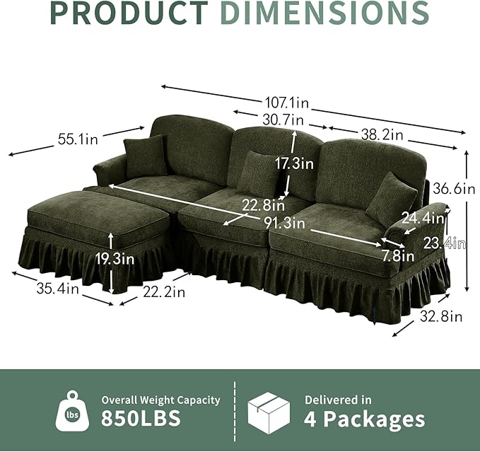 Rovibek 107” L Shaped Couch Chenille Midcentury Modern Sofa with Detachable Ruffle Hem Sectional Couches for Living Room with Throw Pillows &amp Ottoman Green