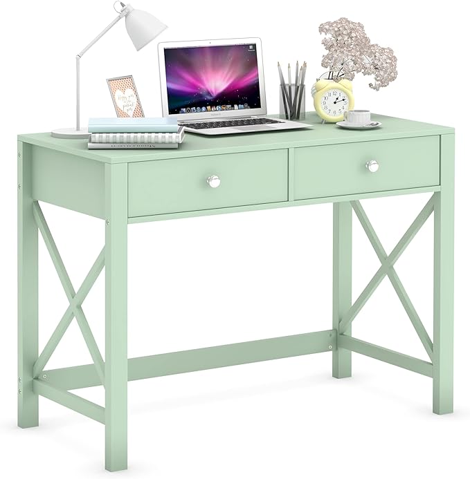 WiberWi Home Office Desk with Drawers Small Writing Computer Desk for Bedroom Modern Green Makeup Vanity Table for Girls Study Table for Home Office