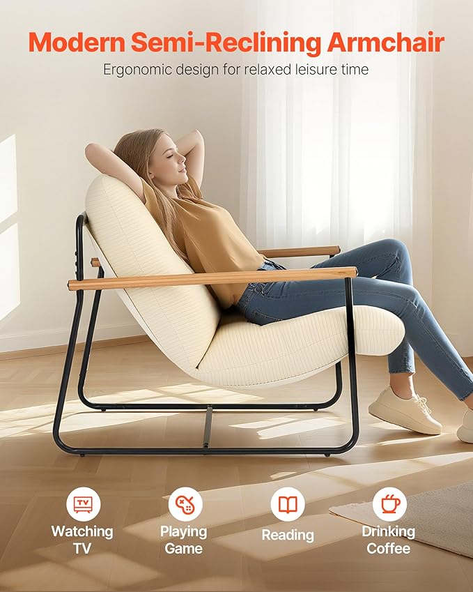 VEVOR Accent Chair Metal Framed Chair with Wooden Armrests Modern Cozy Upholstered Armchair with Soft Foam Cushioning Detachable Cushion for Living Room Bedroom Reading Room Office Beige