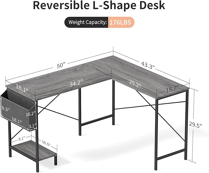 InfiniPower L Shaped Desk Gaming Computer 50 Inch Reversible Corner Table PC Work Table for Writing Study Student with Wood Tabletop Metal Frame CPU Stand Side Bag for Home Office Small Place