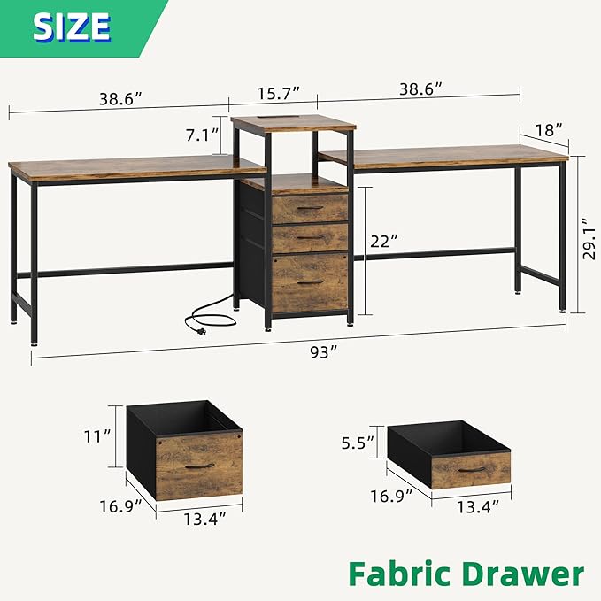 GYIIYUO 93'' 2 Person Desk with Charging Station Two Person Long Desk with 3 Fabric Drawers and Printer Shelf Double Computer Desk Writing Study Table Workstation for Home Office Rustic Brown