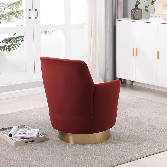 360° Swivel Barrel Accent Chair Comfy Round Accent Chairs with Gold Iron Base &amp Dual-Layer Cushion Modern Lounge Reading Armchair Upholstered Sofa Chair for Living Room Bedroom(Velvet Red)