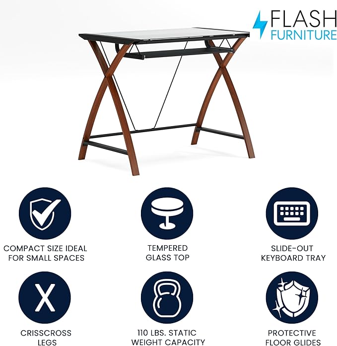 Flash Furniture Jude Tempered Glass Computer Desk with Pull-Out Keyboard Tray and Crisscross Frame Small Computer Desk for Home Office Cherry/Clear