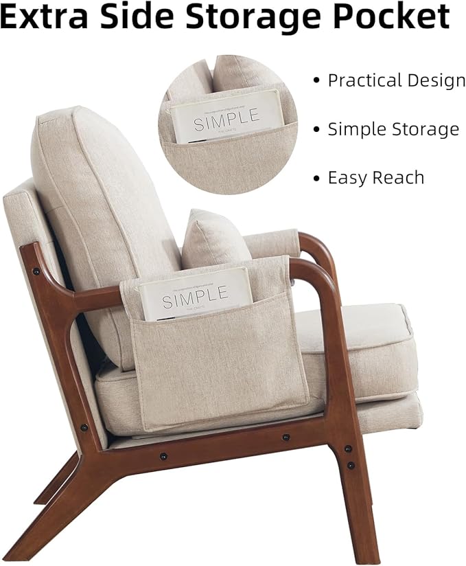 CANMOV Accent Chairs Set of 2 Mid Century Modern Chair with Extra Side Storage Pocket Upholstered Reading Armchair with Waist Cushion Accent Chair for Living Room Bedroom Easy Assembly Beige