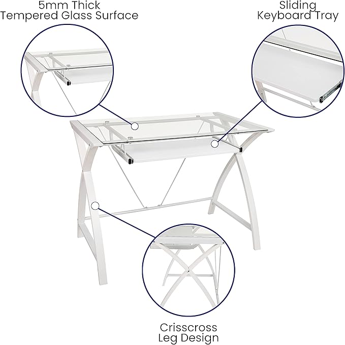 Flash Furniture Jude Clear Tempered Glass Computer Desk with White Pull-Out Keyboard Tray and White Crisscross Frame
