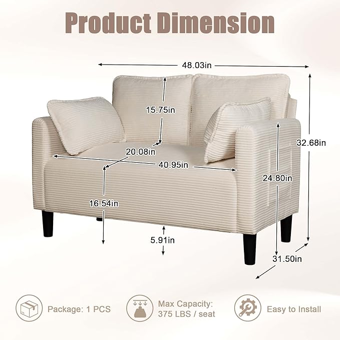 Beige Loveseats for Small Spaces 48 Inch Corduroy Couch with Side Pocket Modern 2 Seater Sofa Couch for Small Apartment Bedroom &amp Home Office High Rebound Sponge Easy Assembly (Beige 48”) |