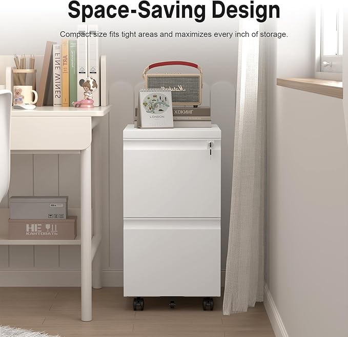 2 Drawer File Cabinet with Lock Metal Mobile Filing Cabinet on Wheels Compact Desk Side Storage Cabinet for Home Office Letter/Legal/A4 File Organizer with Anti-Tip Wheel (White)
