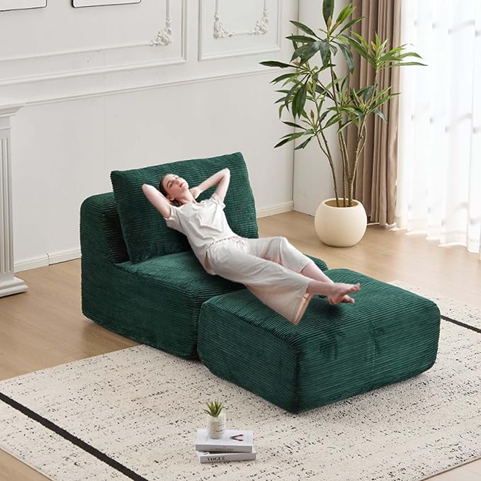 Single Chaise Longuewith Movable Ottoman Memory Foam Compressed Sofa with Pillows Soft Corduroy for Living Room (Green 1 Seat)