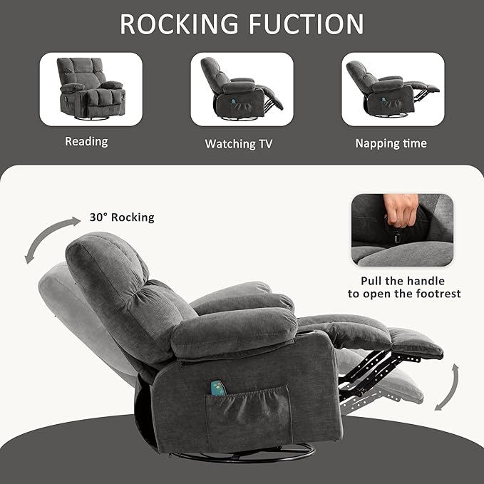 Fantasylab Recliner Chair with Vibration Massage &amp Lumbar Heating 360° Swivel Oversized Rocker Recliner with USB Charging Port Two Cup Holders &amp Side Pocket for Living Room