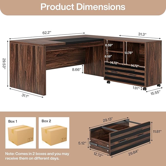 Tribesigns 62.2 Executive Desk with Mobile File Cabinet L-Shaped Office Desk with Storage Shelves Large Computer Table Business Workstation Set for Home Office Dark Brown