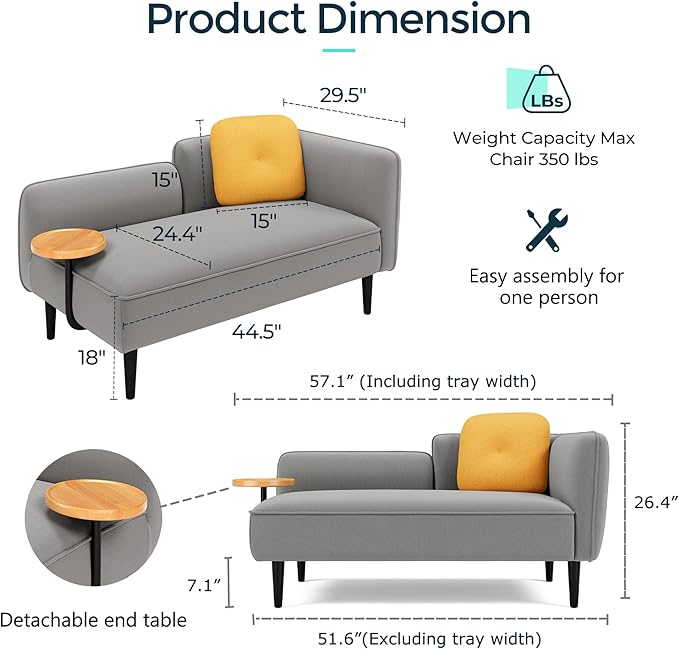 2 Seater Couch Small Love Seat Couches for Small Spaces Bedroom Living Room 57 Mini Sofa Apartment Size Couch Linen Retro Loveseat with Pillow and Removable Tray (Gray Left)