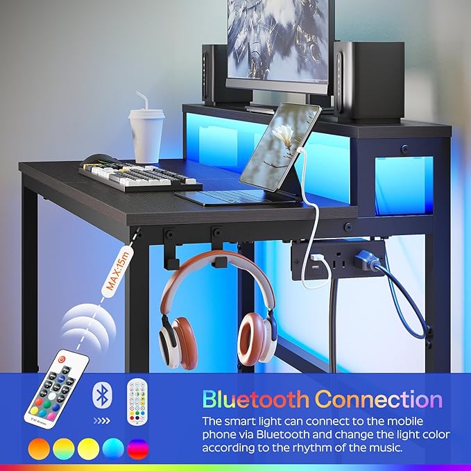 Small Computer Desk with Charging Station and LED Lights Gaming Desk with Monitor Stand 2-Tier Home Office Desk with 4 Side Hooks for Living Room Home Office Black DN01UDBBY2