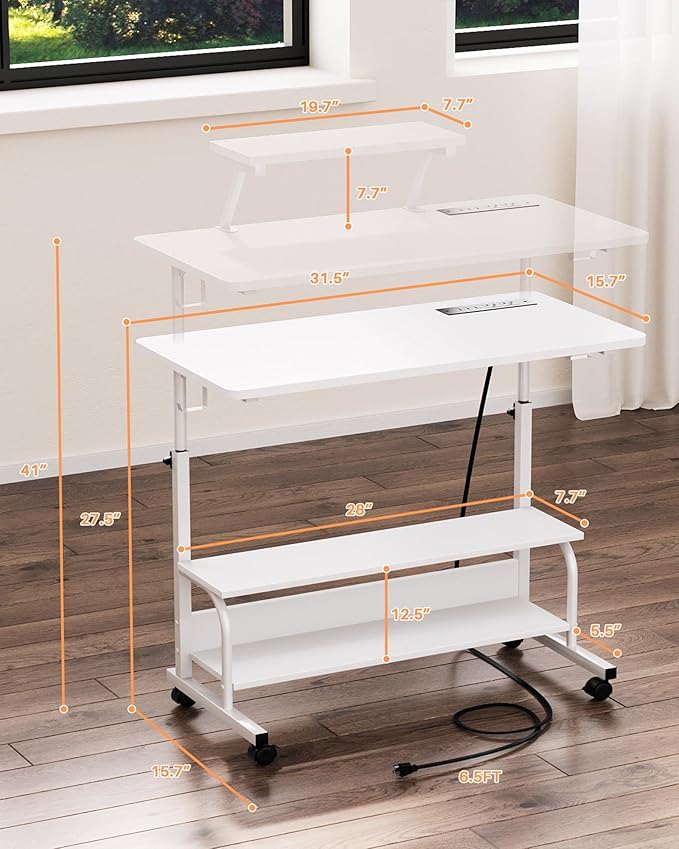 Height Adjustable Standing Desk with Power Outlets and LED Lights - 32 Manual Stand Up Desk with Monitor Stand and Storage Shelves Small Mobile Rolling Computer Desk Portable Laptop Table White