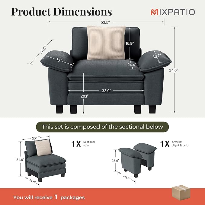 53.5 Cloud Modular Sectional Single Sofa Deep Seat Armchair with Plush Chenille &amp Removable Arms for Living Room Cyan