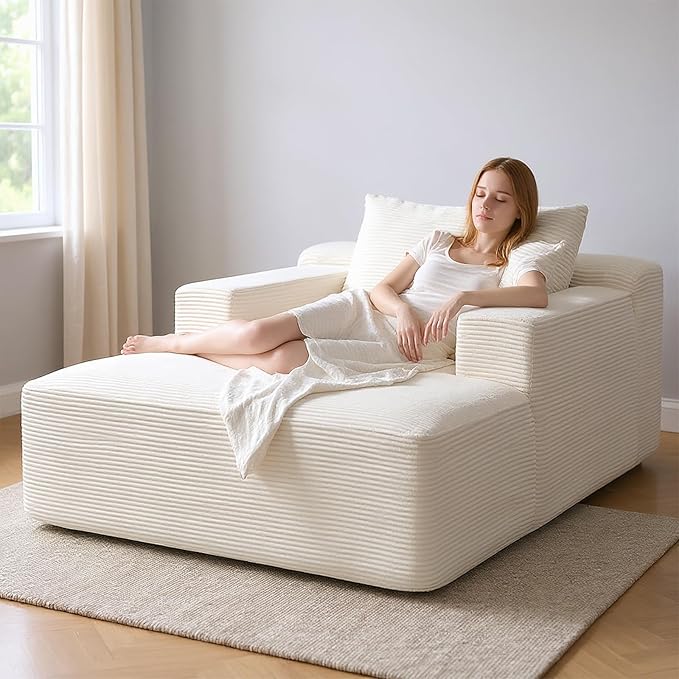 66 Oversized Chaise Lounge Chair Indoor Corduroy Upholstered Sofa Bed with Pocket Springs&ampHigh-Density Foam Deep Seat Sleeper Couch with 3 Pillows No Assembly for Living Room (Beige)