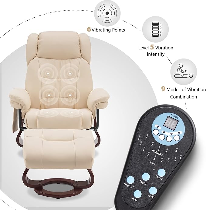 MCombo Swivel Recliners with Ottoman Vibration Massage TV Chairs with Side Pocket Faux Leather Ergonomic Lounge Chair for Living Room Bedroom 4734 (Cream White)