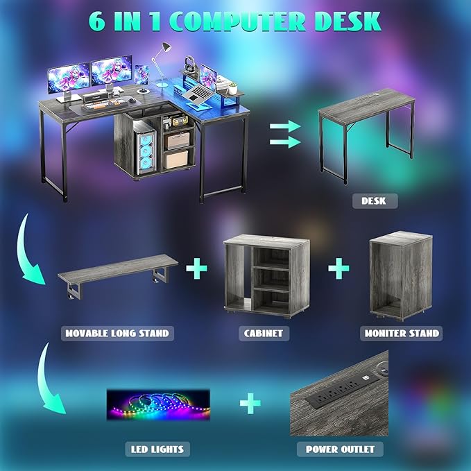Cyclysio L Shaped Gaming Desk with Wood Cabinet 58 Large Corner Desk with LED Lights &amp Power Outlet Reversible Computer Desks with Computer Tower Stand 2 Person Desks for Home Office Grey