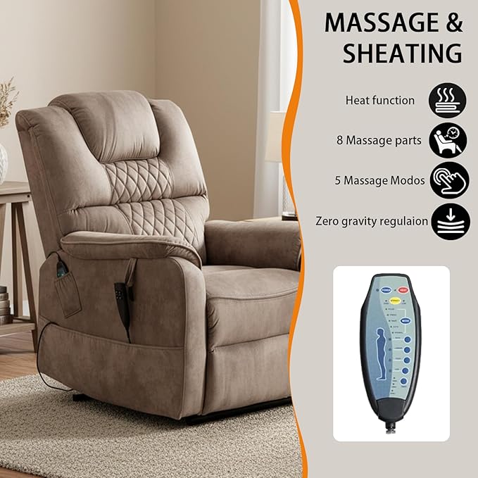 Lift Recliner Chair Lay Flat 180°Heavy DutyInfinite Position with Massage and Heating Functions Adjustable Upholstered Dual Motor Power Stand Up Lifting ReclinerSuitable for Living Room(Brown)