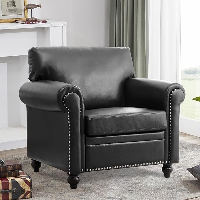 Black Faux Leather ChairComfy Mid Century Modern Accent Chairs Set for Office Bedroom Living Room with Deep Seats Detachable Cushions and Nailhead Rolled Arms Easy Assembly