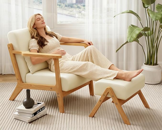 Modern Accent Chair and Ottoman Set Mid-Century Faux Leather Upholstered Lounge Armchair with Solid Wood Frame &amp Comfortable Cushion for Living Room Bedroom Balcony Beige