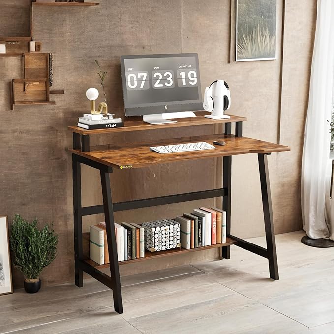 31.5 Inch Modern Small Desk Compact Computer Desk for Home Office and Study Space Saving with Multi-Function Open Shelves