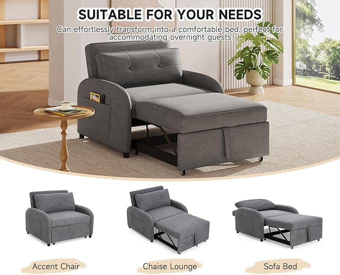 Merax 3-in-1 Convertible Sleeper Sofa Bed with Pillow &amp Side Pocket Soft Cotton Linen Loveseat Sleeper Chair for Living Room Bedroom Study Apartment Gray